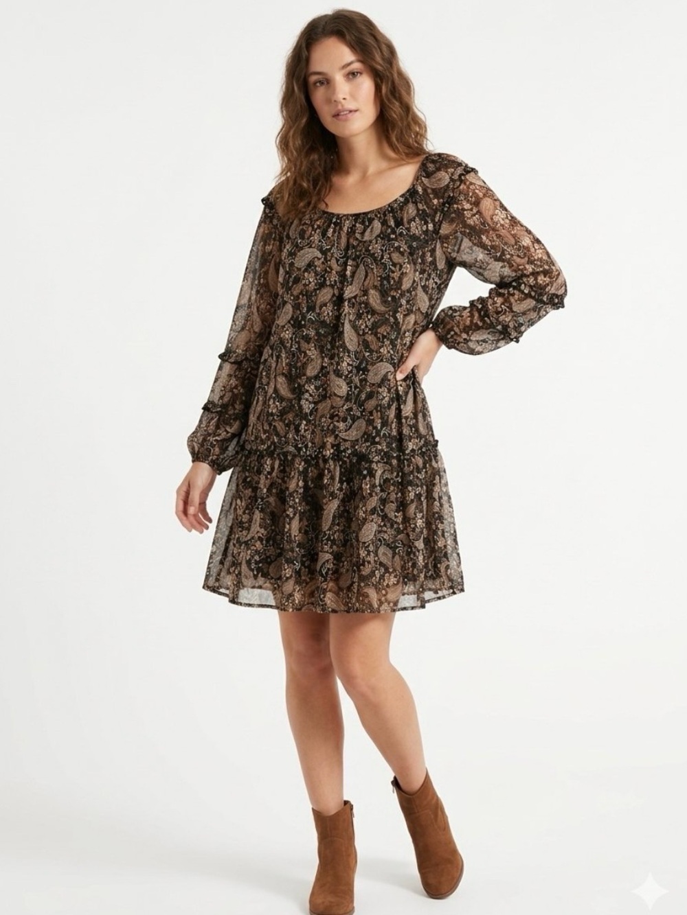 Harper 241 Paisley Print Long Sleeve Dress Black Brown Shimmer Boho Lined L
